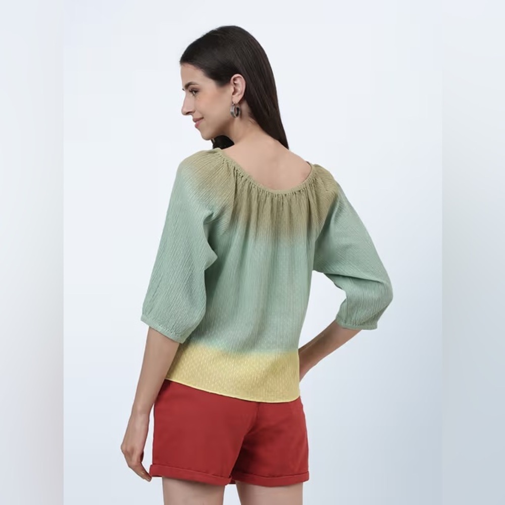 Fabindia Textured Green Tie Dye 3/4 Sleeve Blouse Large Cotton Top